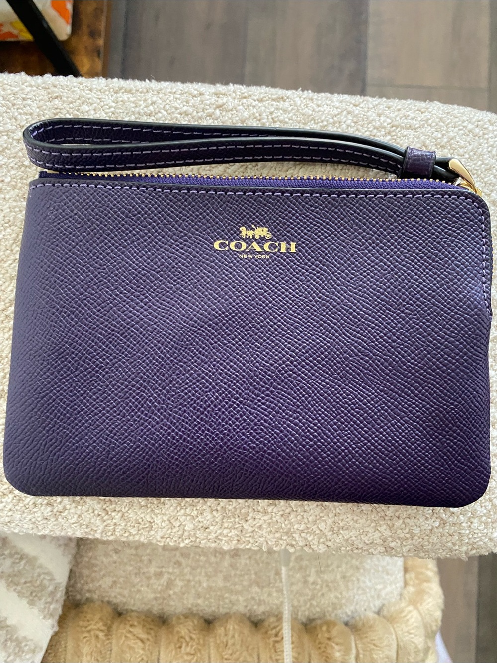 Coach Purple Saffiano Leather Wristlet with Gold Logo